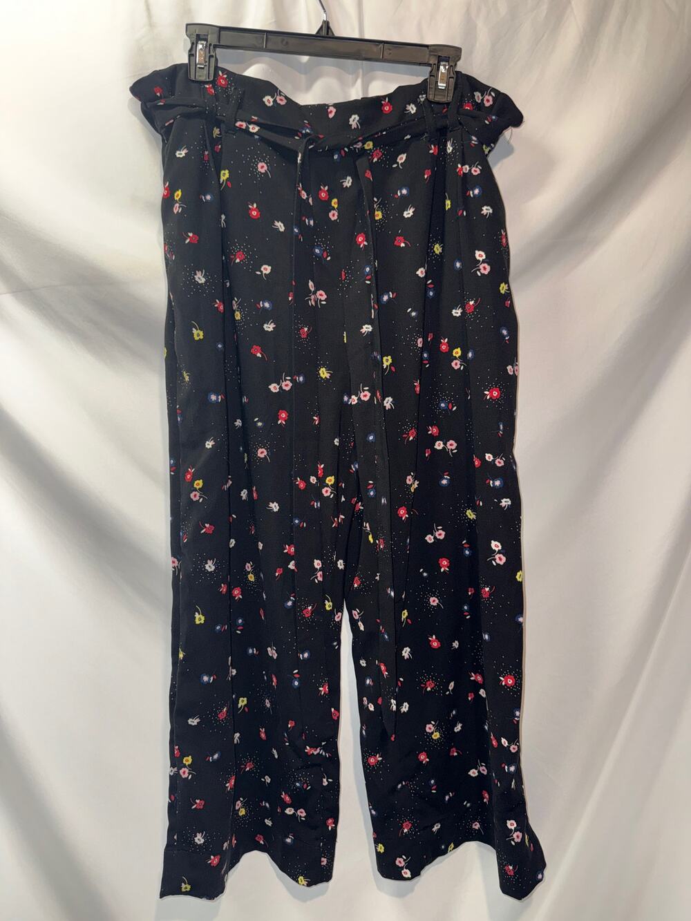 POPSUGAR XL Black Floral Paperbag Waist Wide Leg Pants Tie Belt